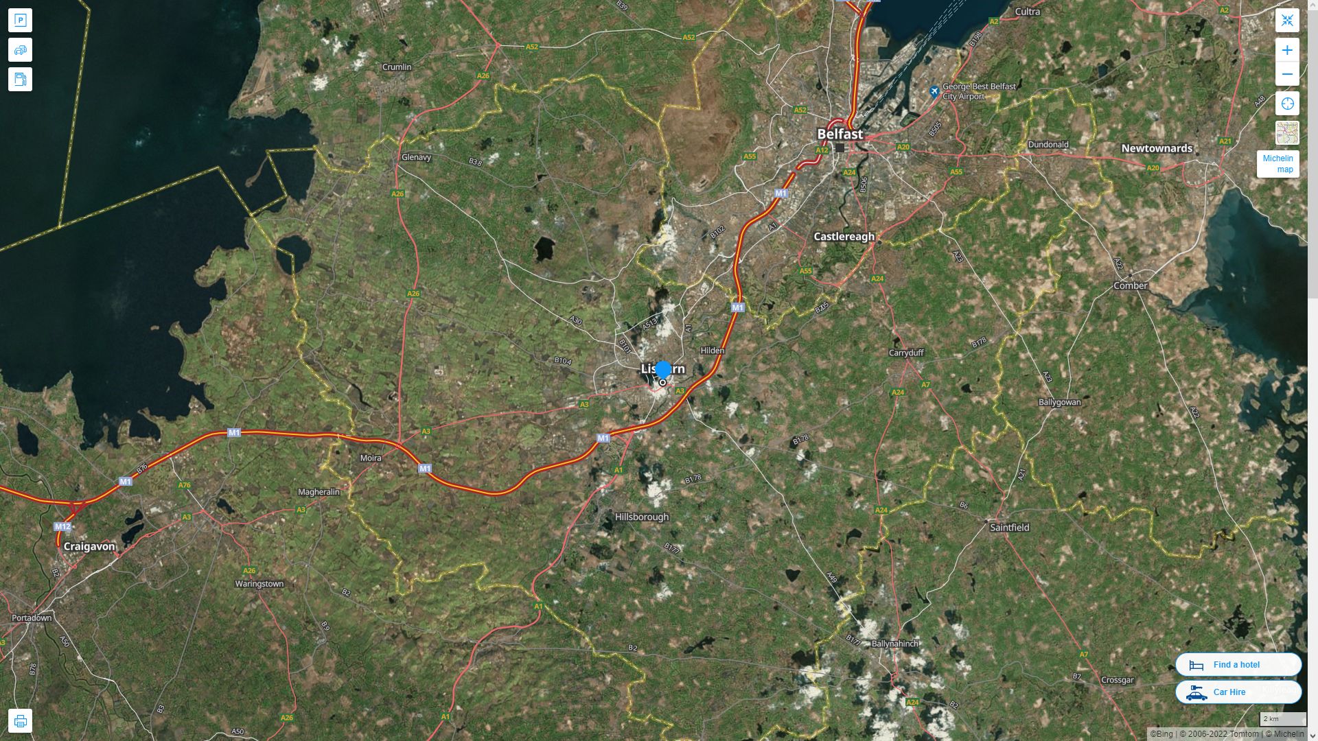 Lisburn Royaume Uni Autoroute et carte routiere avec vue satellite